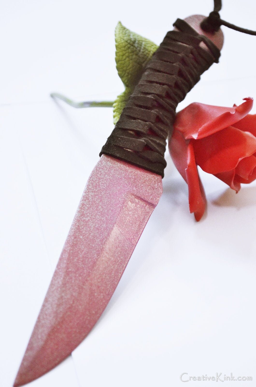 TWO PINKS - Bright Silver Sparkles in Happiness Bleeding onto Steel -- 8" Dark & Light Pinks, Leather Wrapped Grip- BDSM Knife Play Sex Toy
