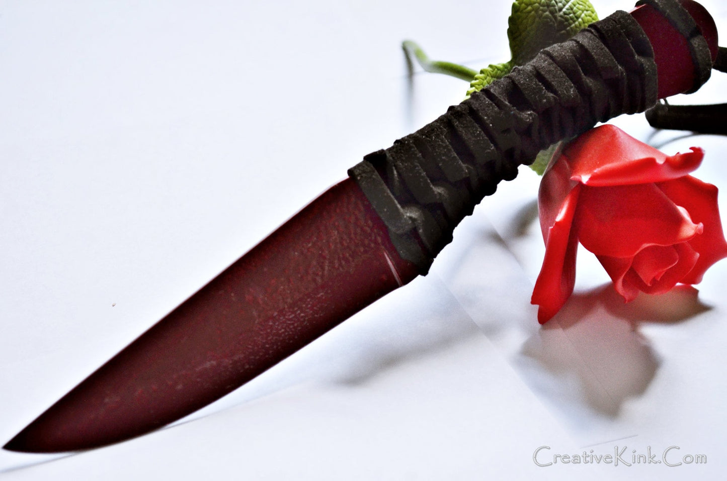 Dagger - Blood Dripped on Steel - Crimson Play Knife with a Black Leather Grip - BDSM Knife Play Toy / Tool
