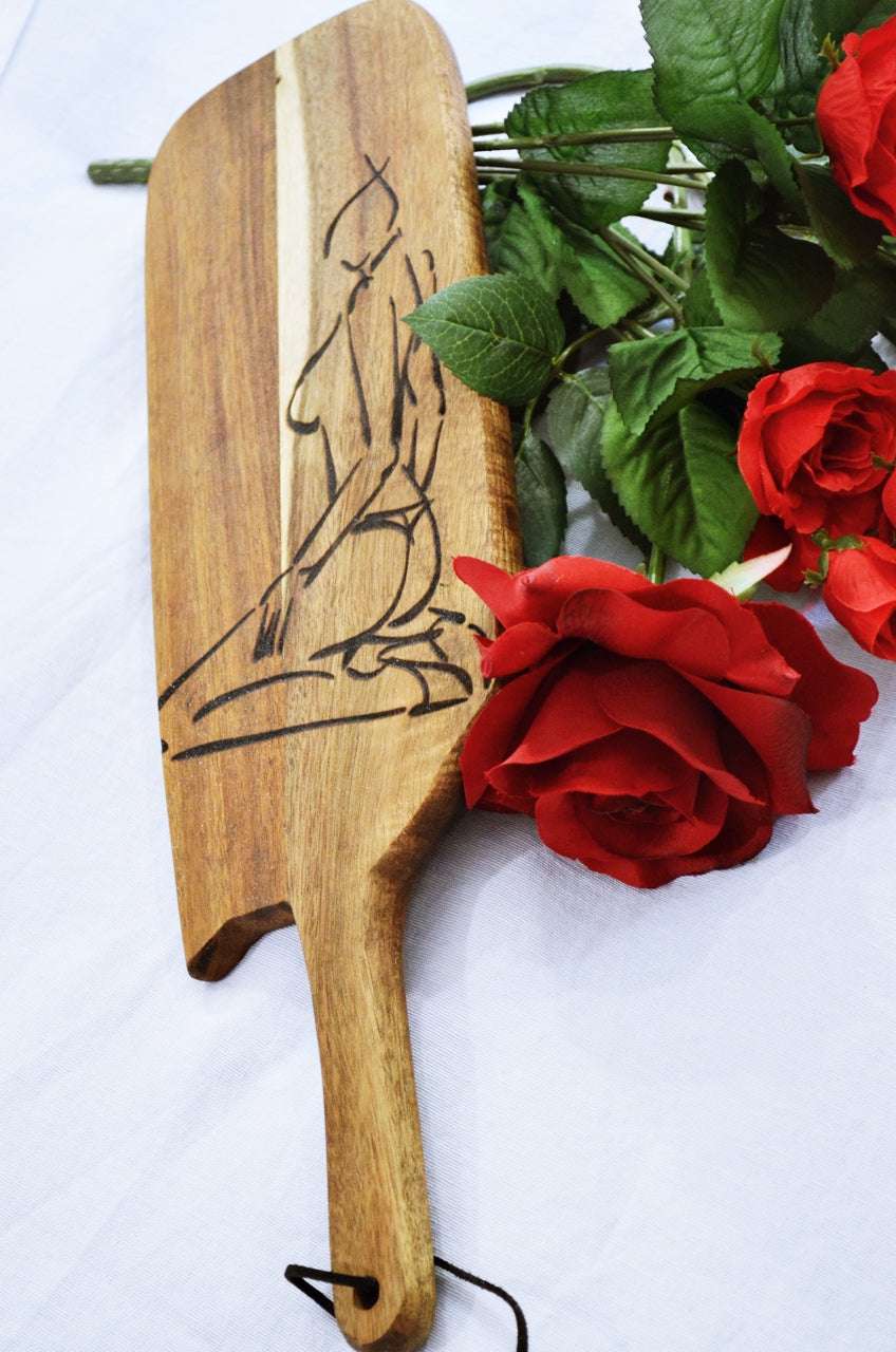 Pyrography Paddle -- Wood Burned Kneeling Submissive - BDSM Spanking Paddle
