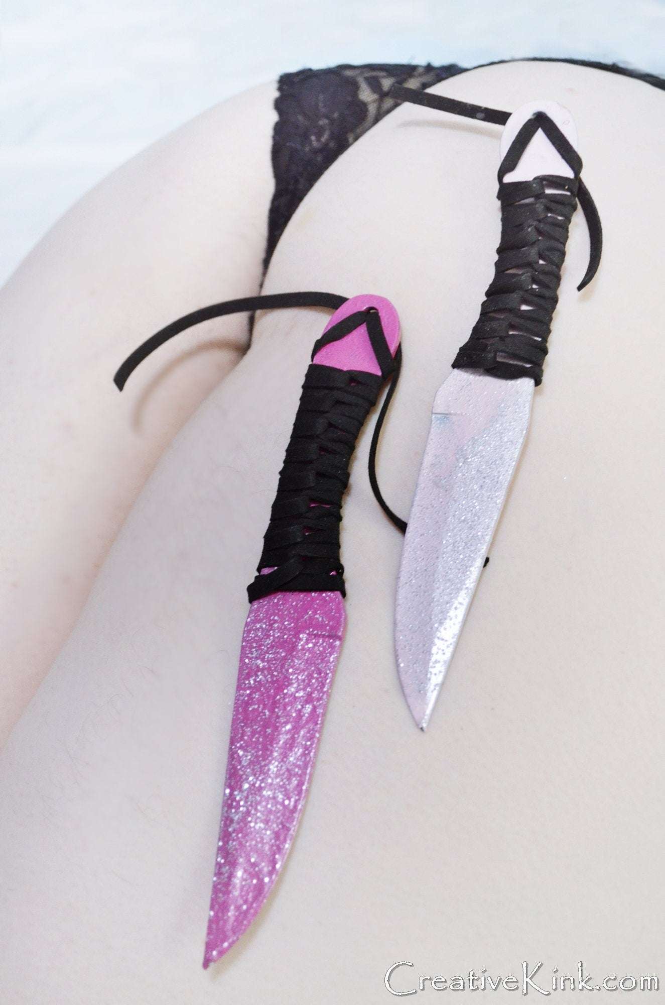 Dagger - Daggers in two Different Pinks with Silver Tears and Sparkles - Leather Wrapped Grip- BDSM Knife Play Sex Toy