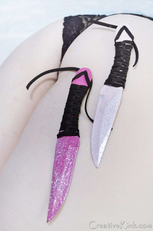 Dagger - Daggers in two Different Pinks with Silver Tears and Sparkles - Leather Wrapped Grip- BDSM Knife Play Sex Toy