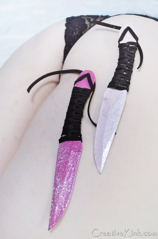 Dagger - Daggers in two Different Pinks with Silver Tears and Sparkles - Leather Wrapped Grip- BDSM Knife Play Sex Toy