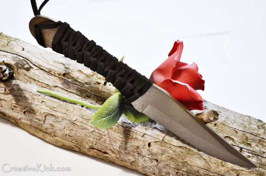 Dagger - Gold Leaf, Iron Branch  - Metallic Gold Steel Knife with Black Leather Grip - BDSM Knife Play Toy / Tool