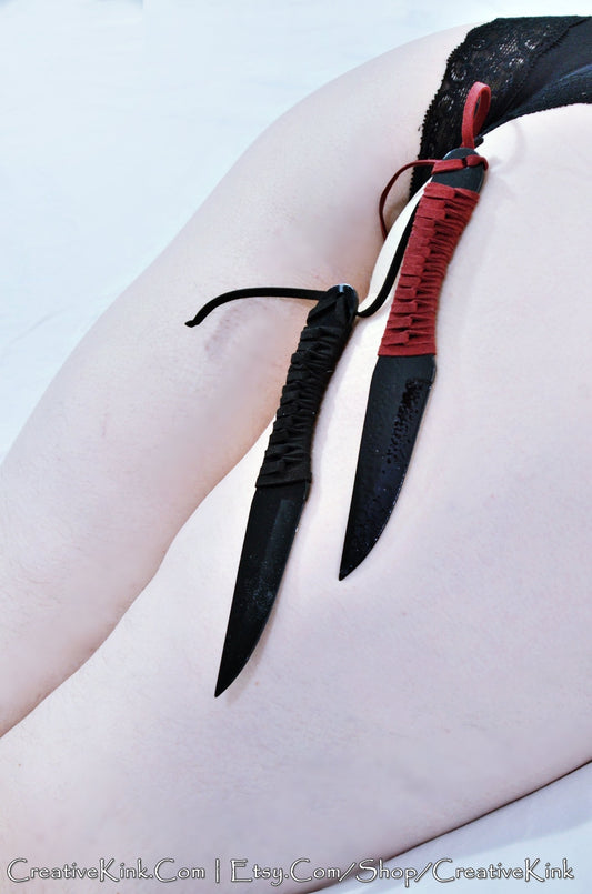 Black on Black Knives - Black or Red Leather Grips